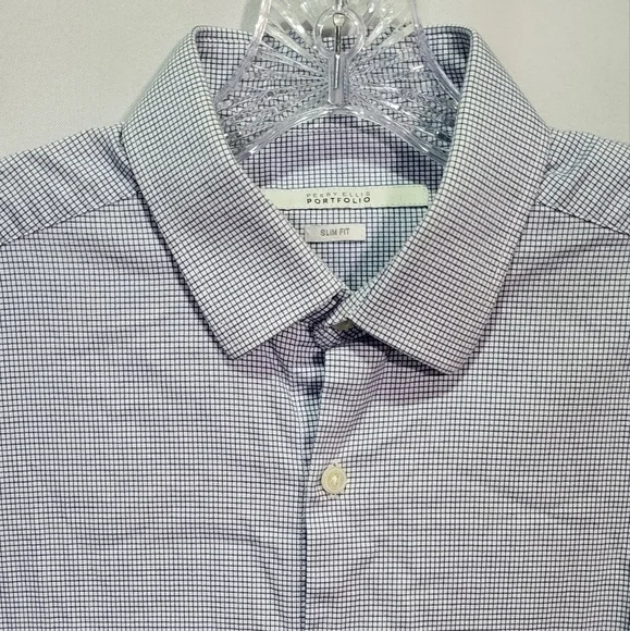 Perry Ellis Slim Fit Blue Checkered Print Long Sleeve Dress Shirt Small (32/33) - Picture 4 of 8